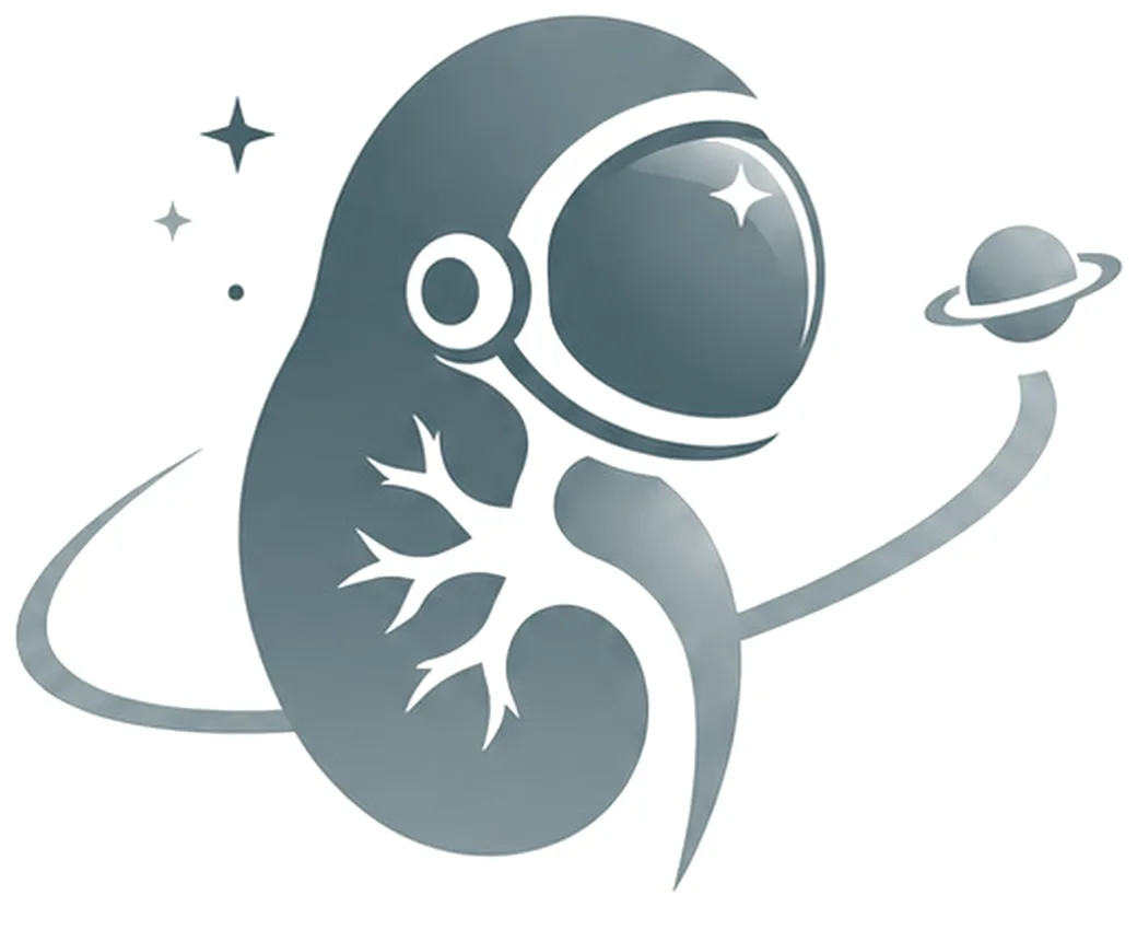 The Nephronauts emblem: a kidney wearing an astronaut's helmet, orbited by a planet.