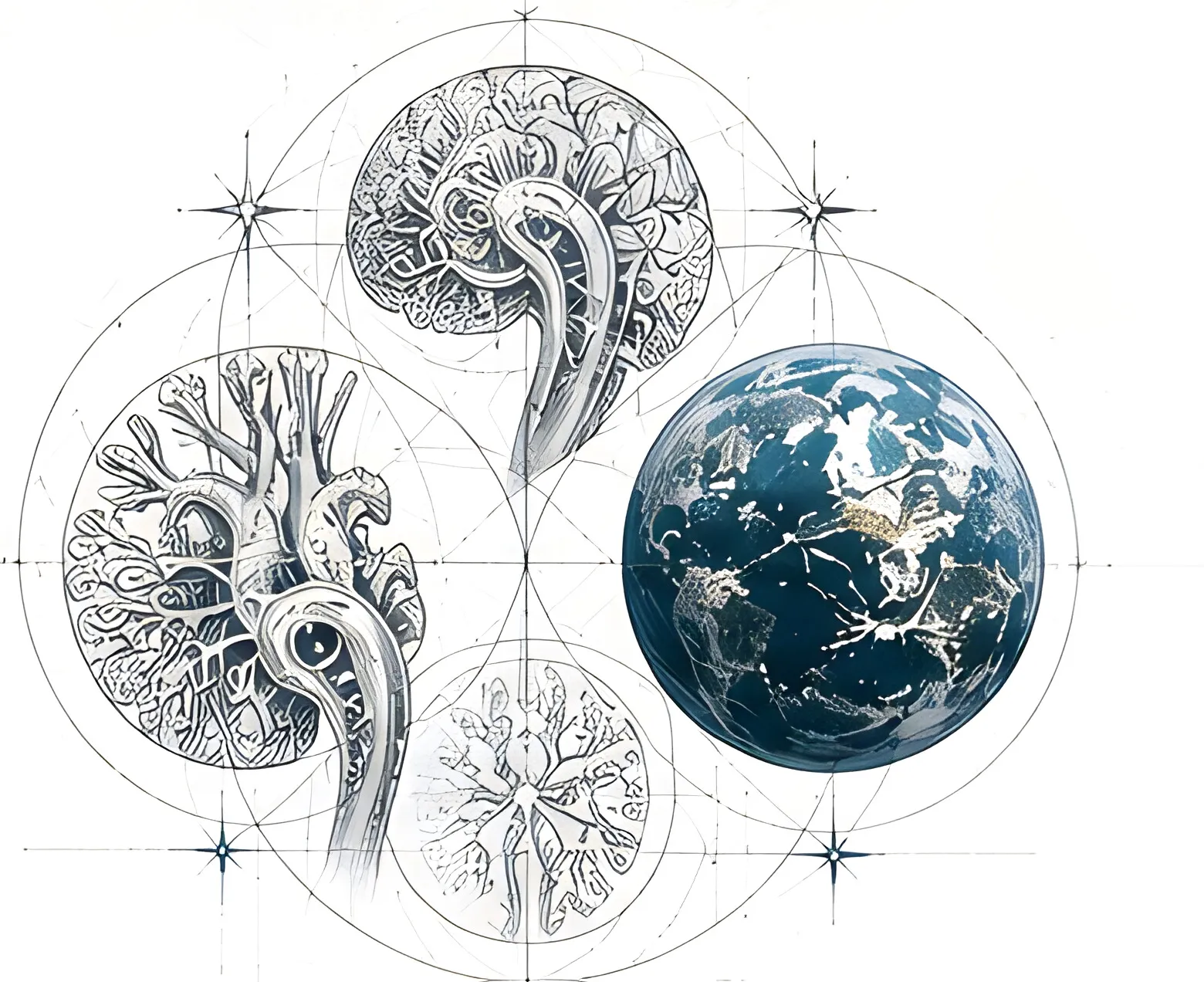 Engraved drawings of a heart, brain and kidney in intersecting circles beside a globe.